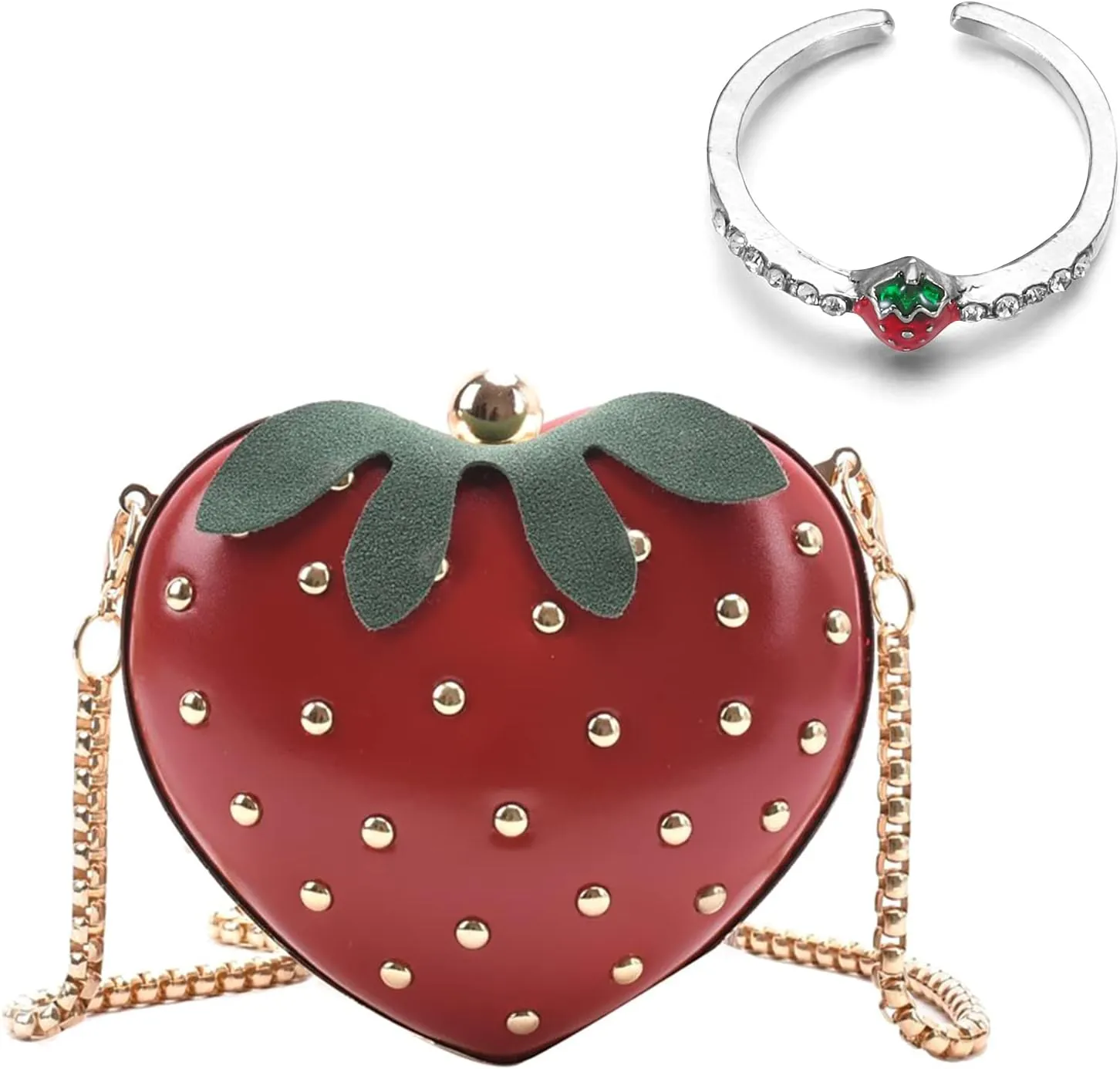 HomeSoGood Strawberry Purse and Ring Set,Fruit Shape Handbag, Strawberry Cross Body Chain Bag Open Ring for Girl Women, PU Shoulder Bag Wallet