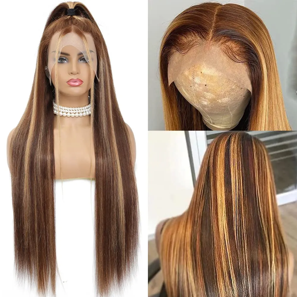Honey Blonde Ombre Lace Front Wig Human Hair 200% Density Highlight Straight 13x4 Pre Plucked with Baby Hair Glueless 4/27 Colored Lace Frontal Wigs 22 Inch