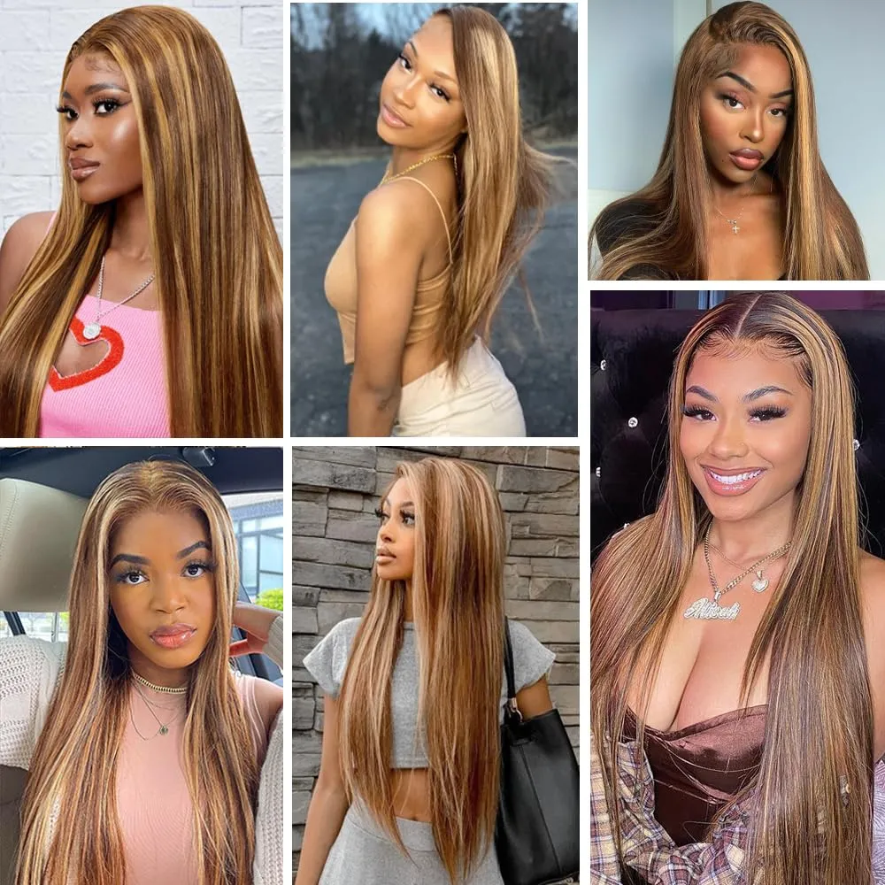 Honey Blonde Ombre Lace Front Wig Human Hair 200% Density Highlight Straight 13x4 Pre Plucked with Baby Hair Glueless 4/27 Colored Lace Frontal Wigs 22 Inch