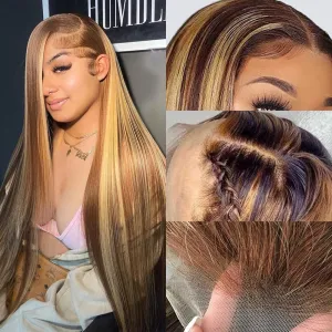 Honey Blonde Ombre Lace Front Wig Human Hair 200% Density Highlight Straight 13x4 Pre Plucked with Baby Hair Glueless 4/27 Colored Lace Frontal Wigs 22 Inch