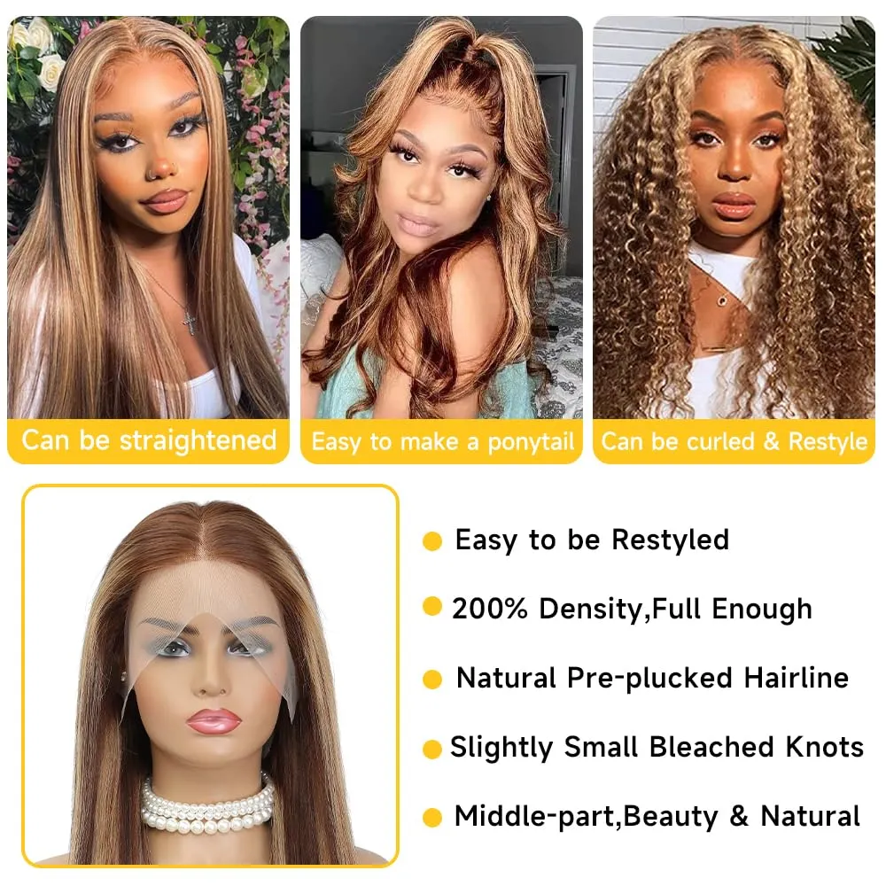 Honey Blonde Ombre Lace Front Wig Human Hair 200% Density Highlight Straight 13x4 Pre Plucked with Baby Hair Glueless 4/27 Colored Lace Frontal Wigs 22 Inch