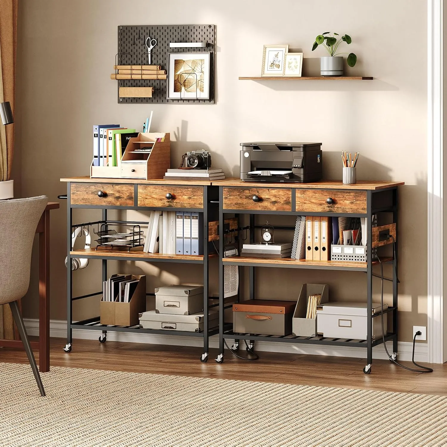 HOOBRO Kitchen Island with Storage, Rolling Island Cart for Kitchen with 2 Drawers & Outlet, 3 Tier Coffee Station and Microwave Stand, Kitchen Island Table for Home, Rustic Brown BF08UZD01
