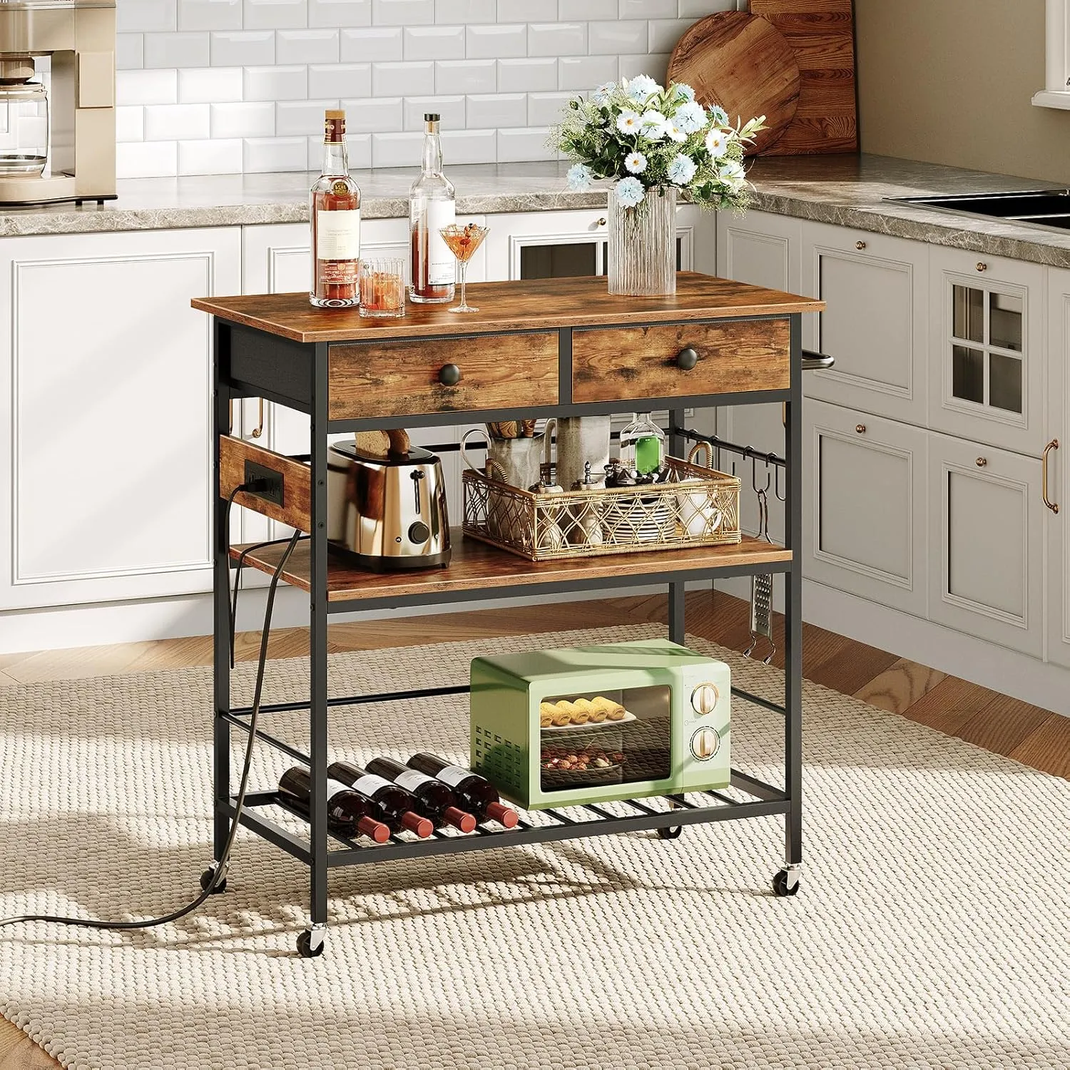 HOOBRO Kitchen Island with Storage, Rolling Island Cart for Kitchen with 2 Drawers & Outlet, 3 Tier Coffee Station and Microwave Stand, Kitchen Island Table for Home, Rustic Brown BF08UZD01