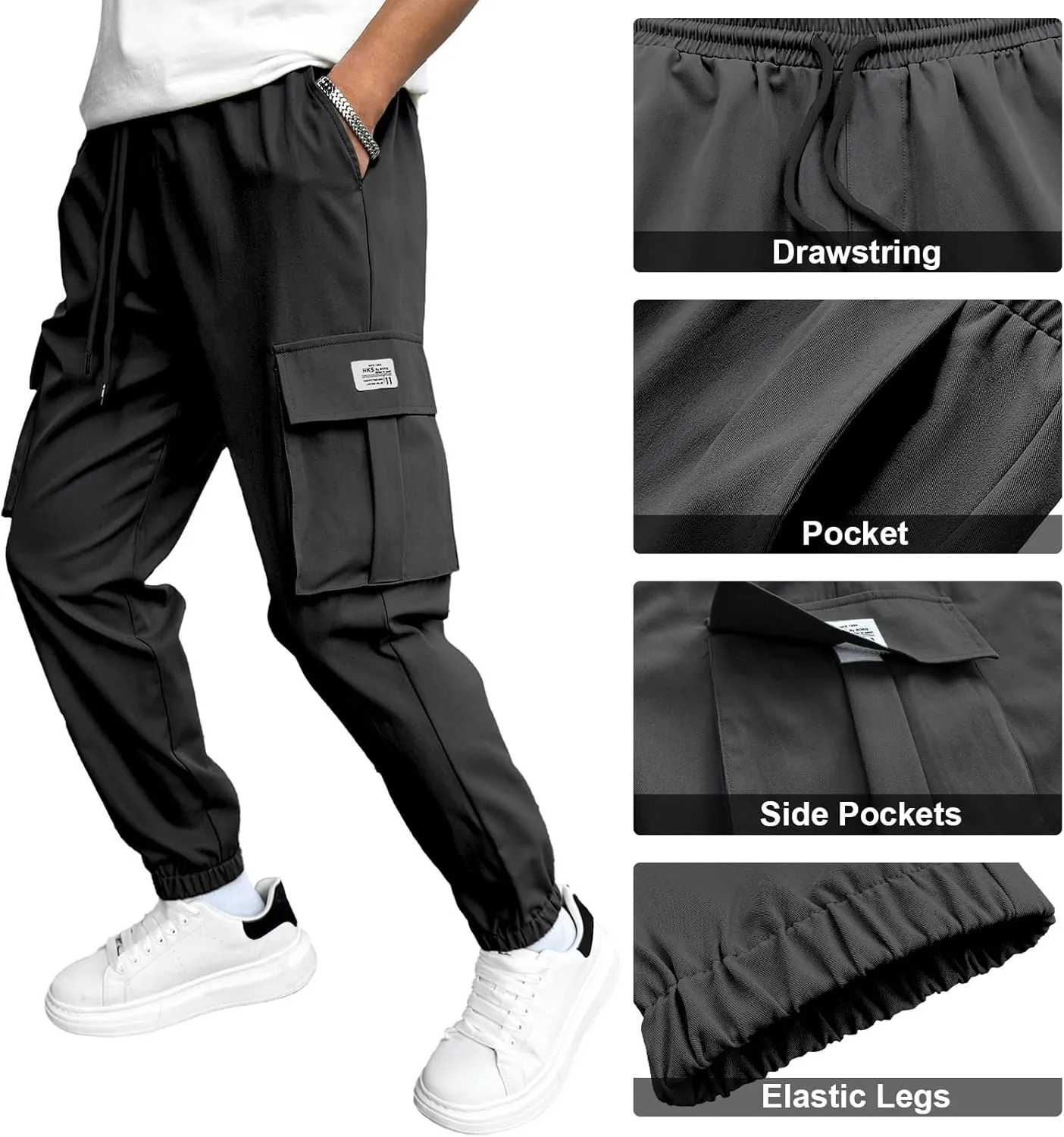 HOTake Men's Casual Cargo Pants Elastic Waist Drawstring Tapered Pants for Men Joggers Hiking Pants with Multi Pockets