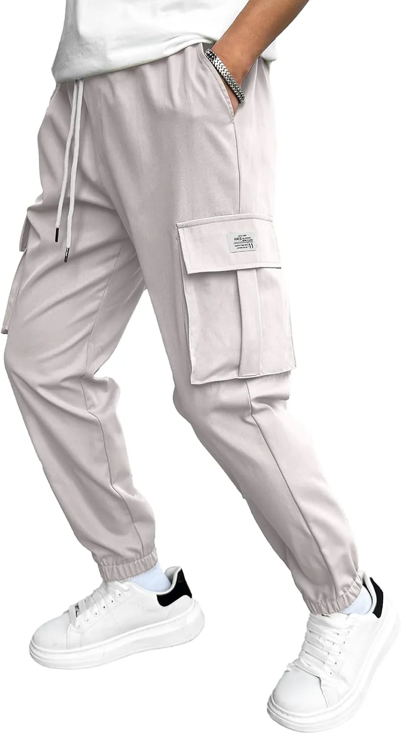 HOTake Men's Casual Cargo Pants Elastic Waist Drawstring Tapered Pants for Men Joggers Hiking Pants with Multi Pockets