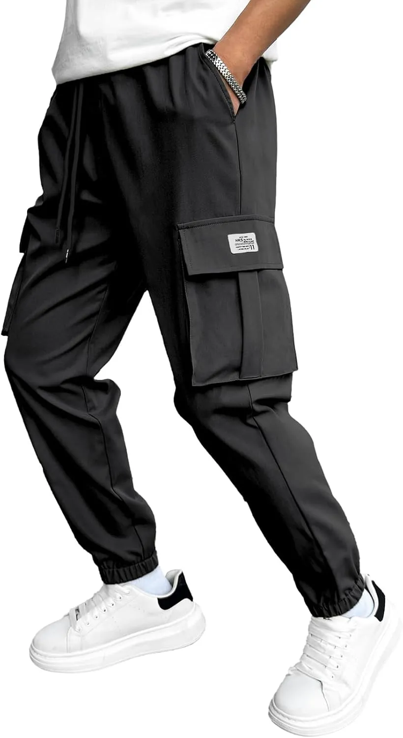 HOTake Men's Casual Cargo Pants Elastic Waist Drawstring Tapered Pants for Men Joggers Hiking Pants with Multi Pockets