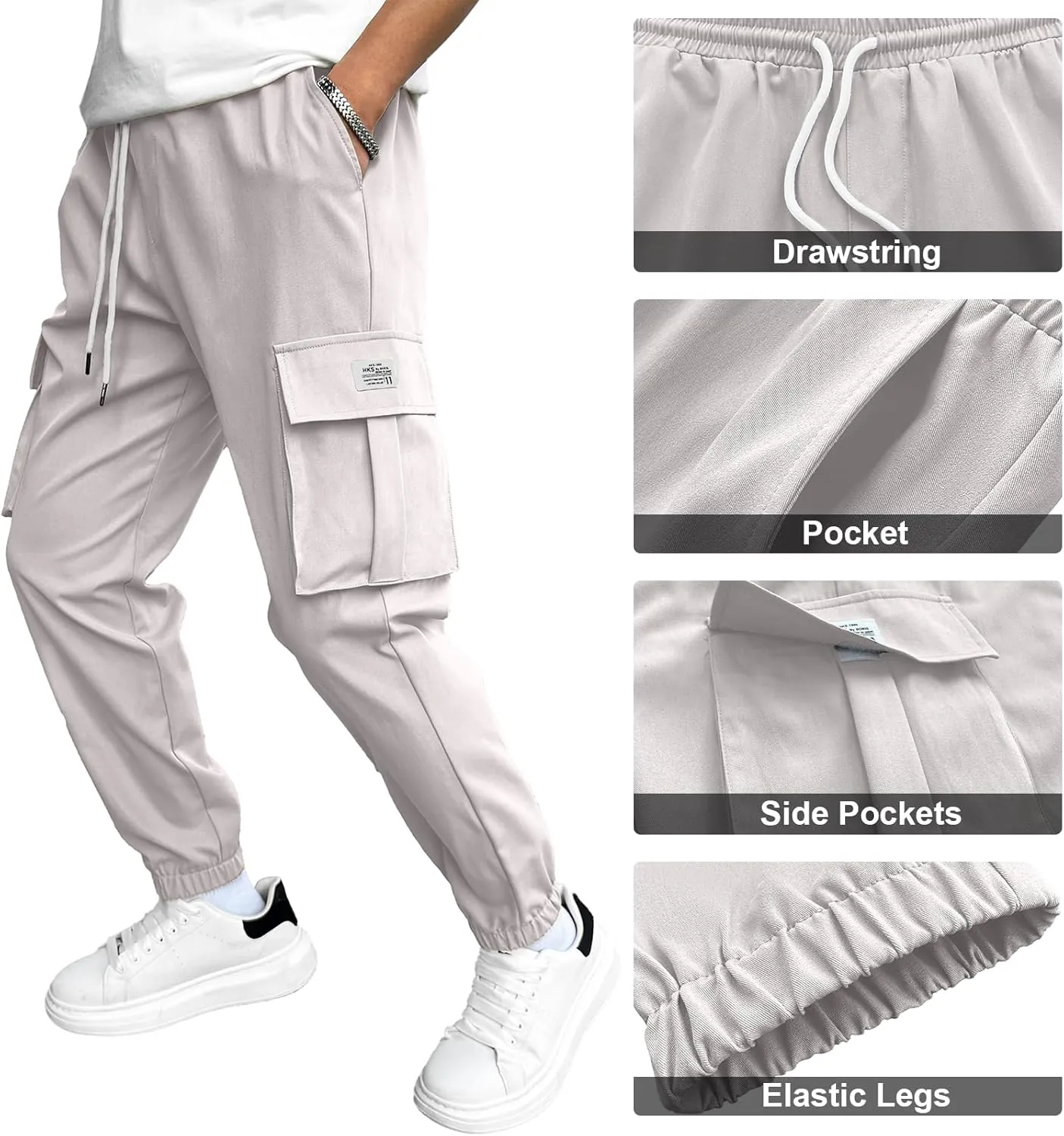 HOTake Men's Casual Cargo Pants Elastic Waist Drawstring Tapered Pants for Men Joggers Hiking Pants with Multi Pockets