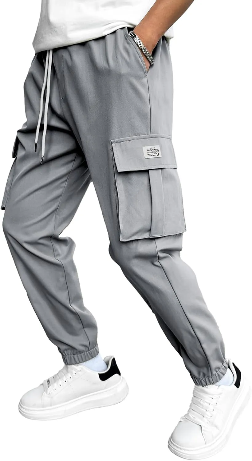 HOTake Men's Casual Cargo Pants Elastic Waist Drawstring Tapered Pants for Men Joggers Hiking Pants with Multi Pockets