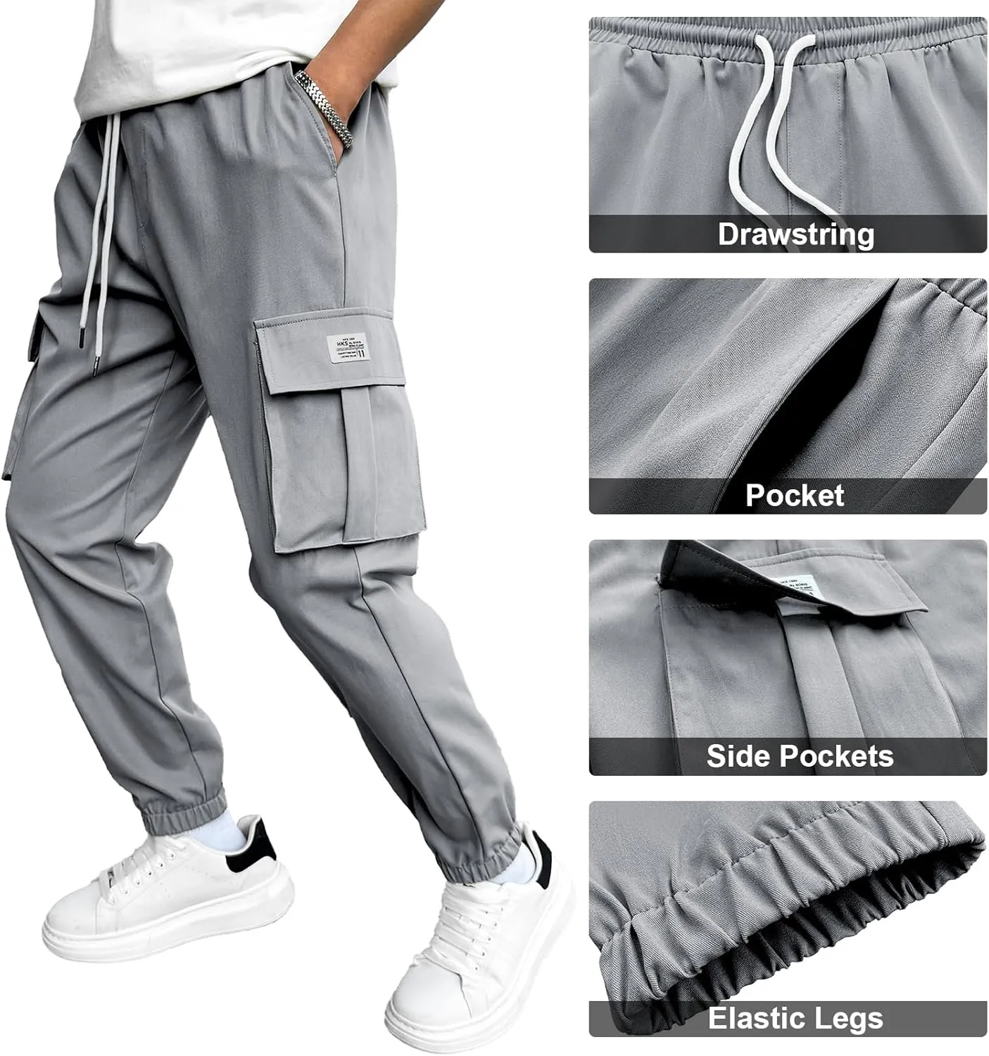 HOTake Men's Casual Cargo Pants Elastic Waist Drawstring Tapered Pants for Men Joggers Hiking Pants with Multi Pockets