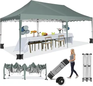 HOTEEL 10x20 Pop Up Canopy,Wheeled Bag & 4 Sandbags, Easy Setup Shelter Gazebo for Wedding, Waterproof and UV50  Protection, Grey