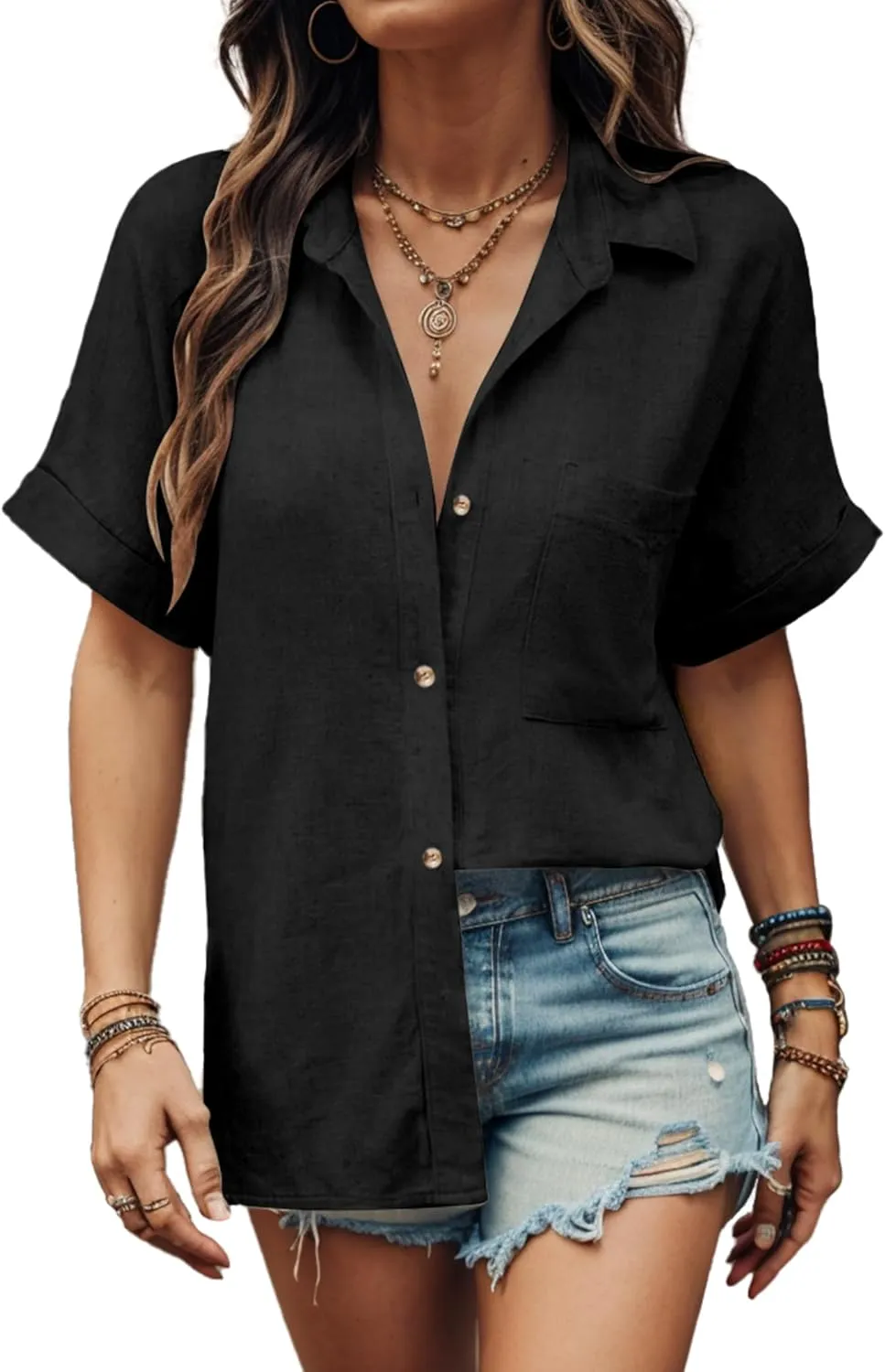 HOTOUCH Women Linen Shirts Button Down Cotton Short Sleeve Blouses V Neck Collared Button-up Gauze Tops S-3XL