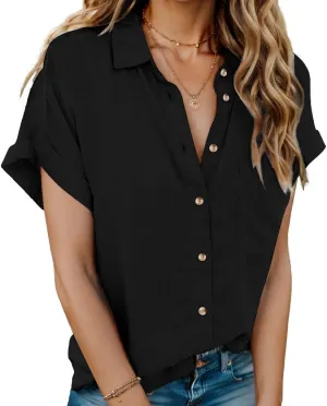 HOTOUCH Women Linen Shirts Button Down Cotton Short Sleeve Blouses V Neck Collared Button-up Gauze Tops S-3XL