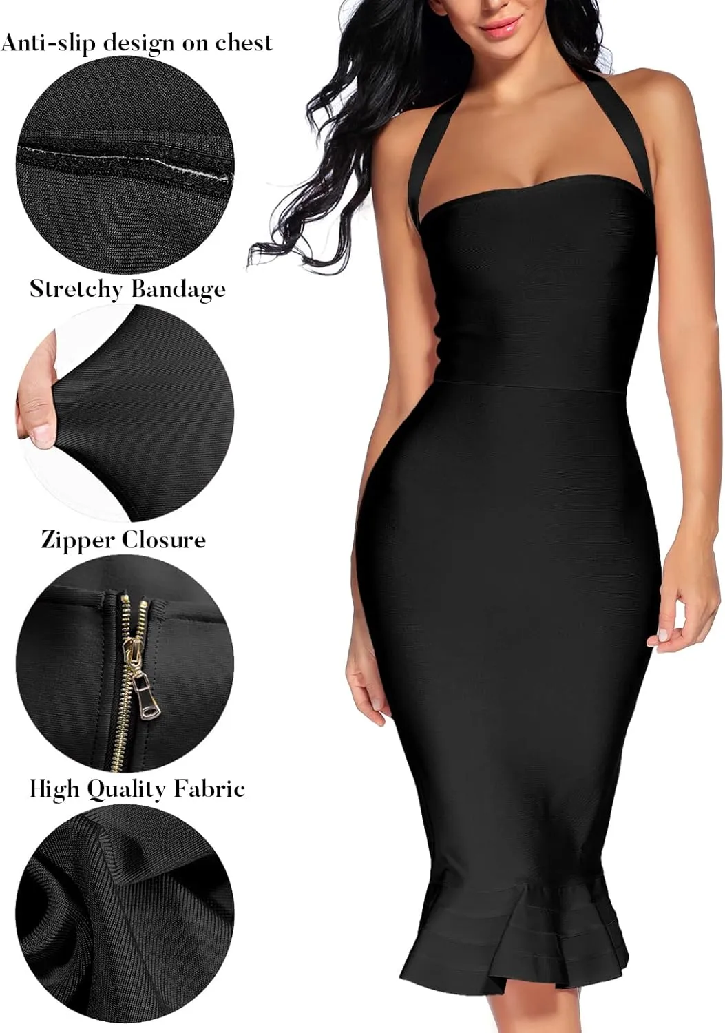 houstil Women's V Neck Halter Fishtail Bandage Bodycon Dress Party
