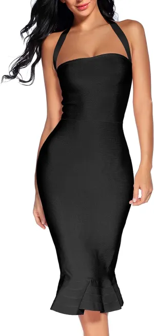 houstil Women's V Neck Halter Fishtail Bandage Bodycon Dress Party