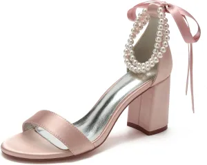 Hyinlays Block Heels Pumps for Women Pearl Open Toe Heels Dressy Pumps Sandals Summer Dress Shoes