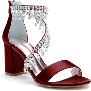 Hyinlays Women's Chunky Block Heels Crystal High Heel Pump Sandals Ankle Strap Wedding Shoes Prom Evening Pumps