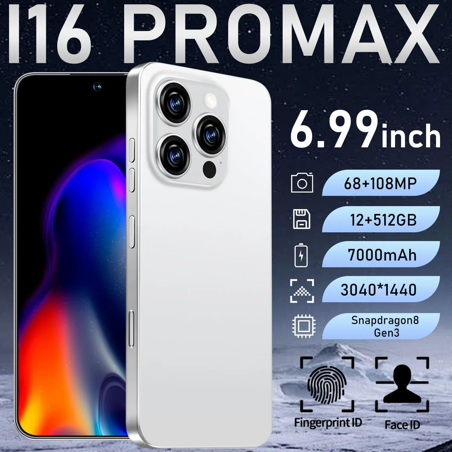 I16 PROMAX Unlocked Phone, 6.99inch Cell Phone with Android 13 12GB 512GB 7000mAh Long Battery Life, HD Screen Smartphone with Dual SIM, Fingerprint Lock, Face ID, Photos 5G Phone (White)