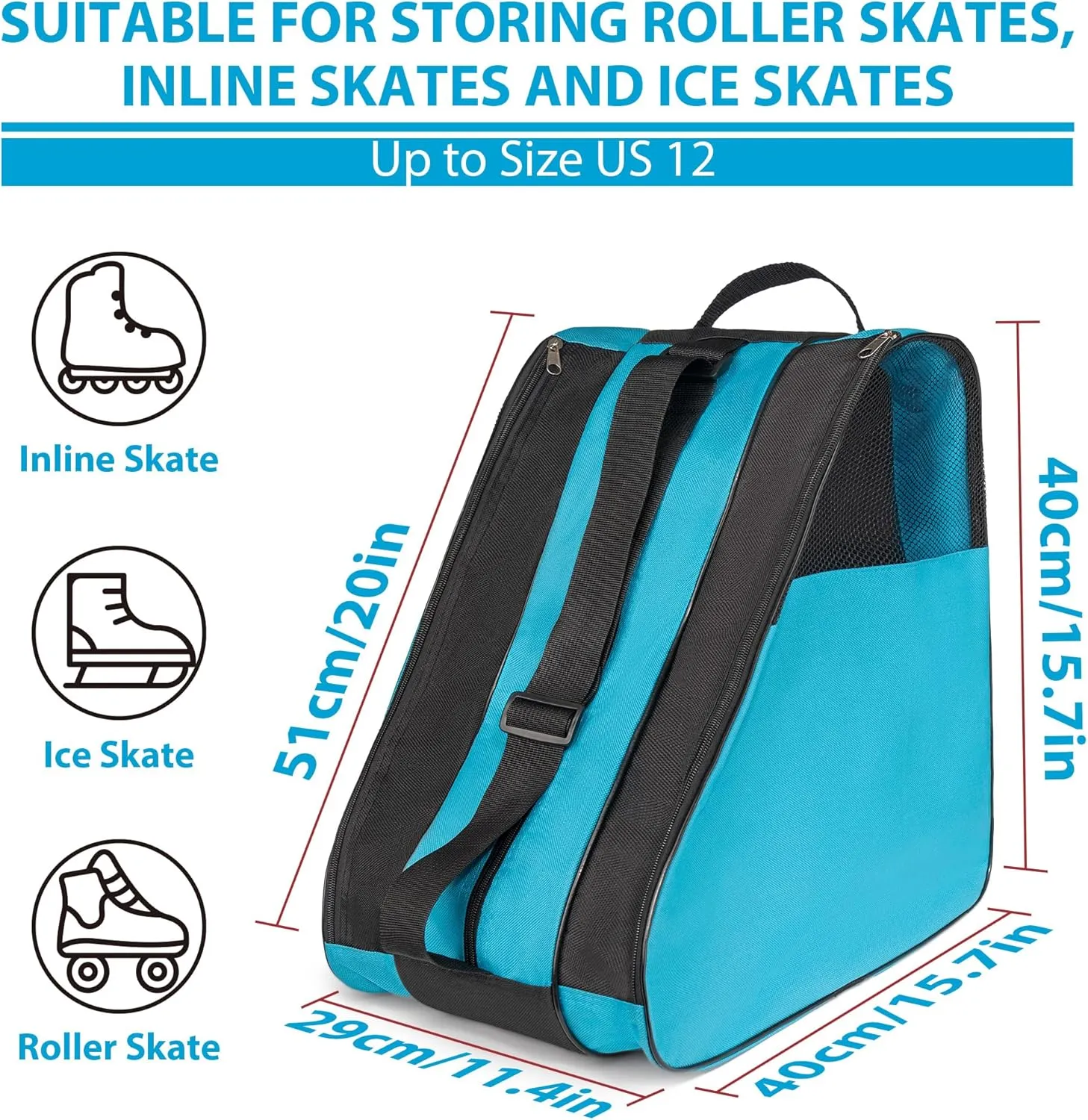 Ice Skate Bag, Large Capacity Roller Skate Bag for Both Kids and Adults, Breathable Figure Skating Bag with Adjustable Shoulder Strap Fit for Roller, Ice, Inline Skates