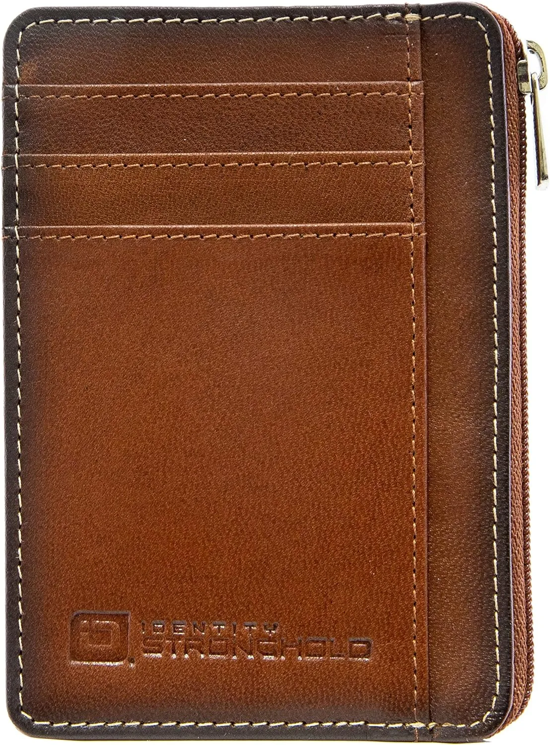 ID Stronghold RFID Front Pocket Wallet Mini Minimalist Wallet Slim Wallet Genuine Leather with Zipper (Antiqued Brown)
