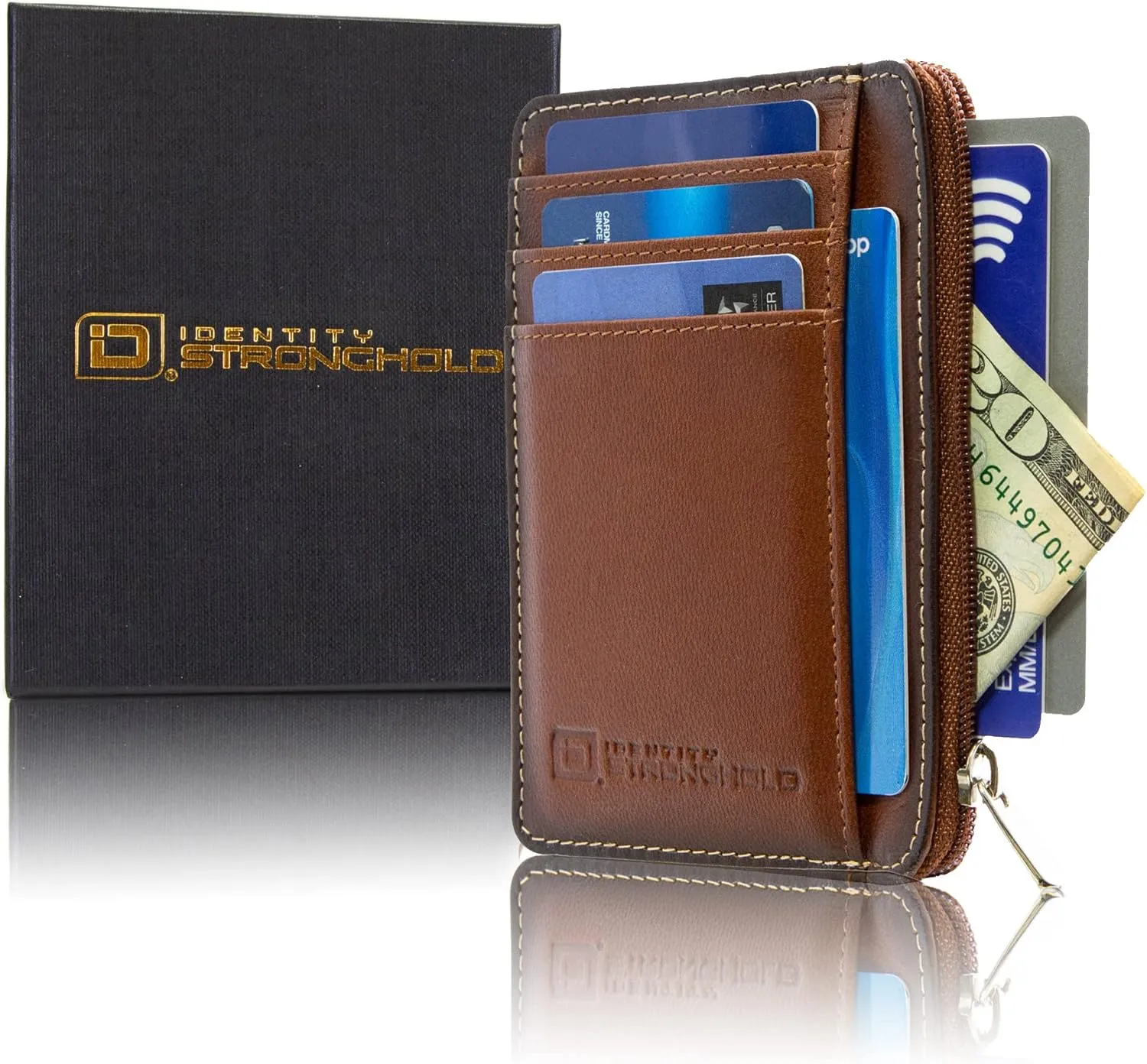 ID Stronghold RFID Front Pocket Wallet Mini Minimalist Wallet Slim Wallet Genuine Leather with Zipper (Antiqued Brown)