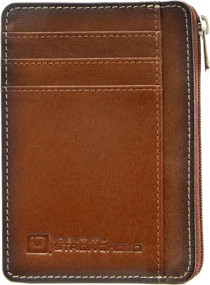 ID Stronghold RFID Front Pocket Wallet Mini Minimalist Wallet Slim Wallet Genuine Leather with Zipper (Antiqued Brown)