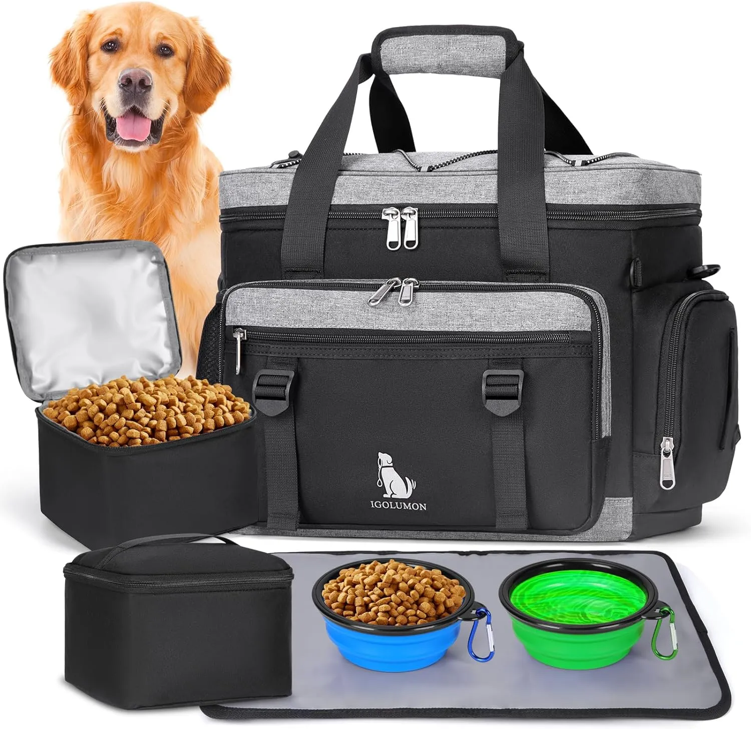 IGOLUMON Large Dog Travel Bag Set - Multi-Pockets Tote Organizer with 2 Extra Large Food Containers, 2 Dog Bowls, 1 Feeding Mat