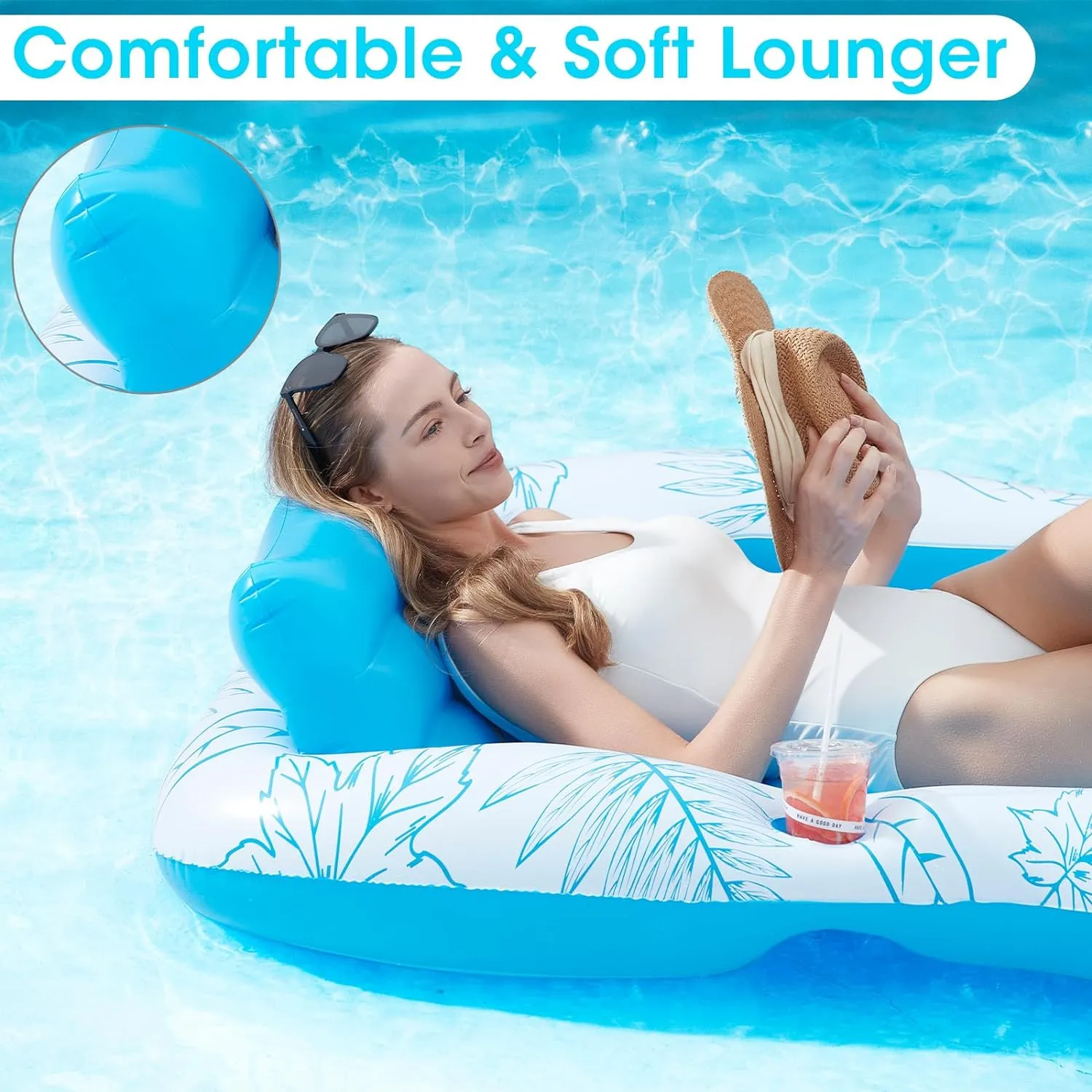 Inflatable Adult Pool Lounger Float - BAIAI Large Beach Sun Tanning Floaty Raft Sunbathing Water Lounge Floaties Tub with Drink Holder Blow Up River & Lake Suntan Floating Swimming Mattress Mat
