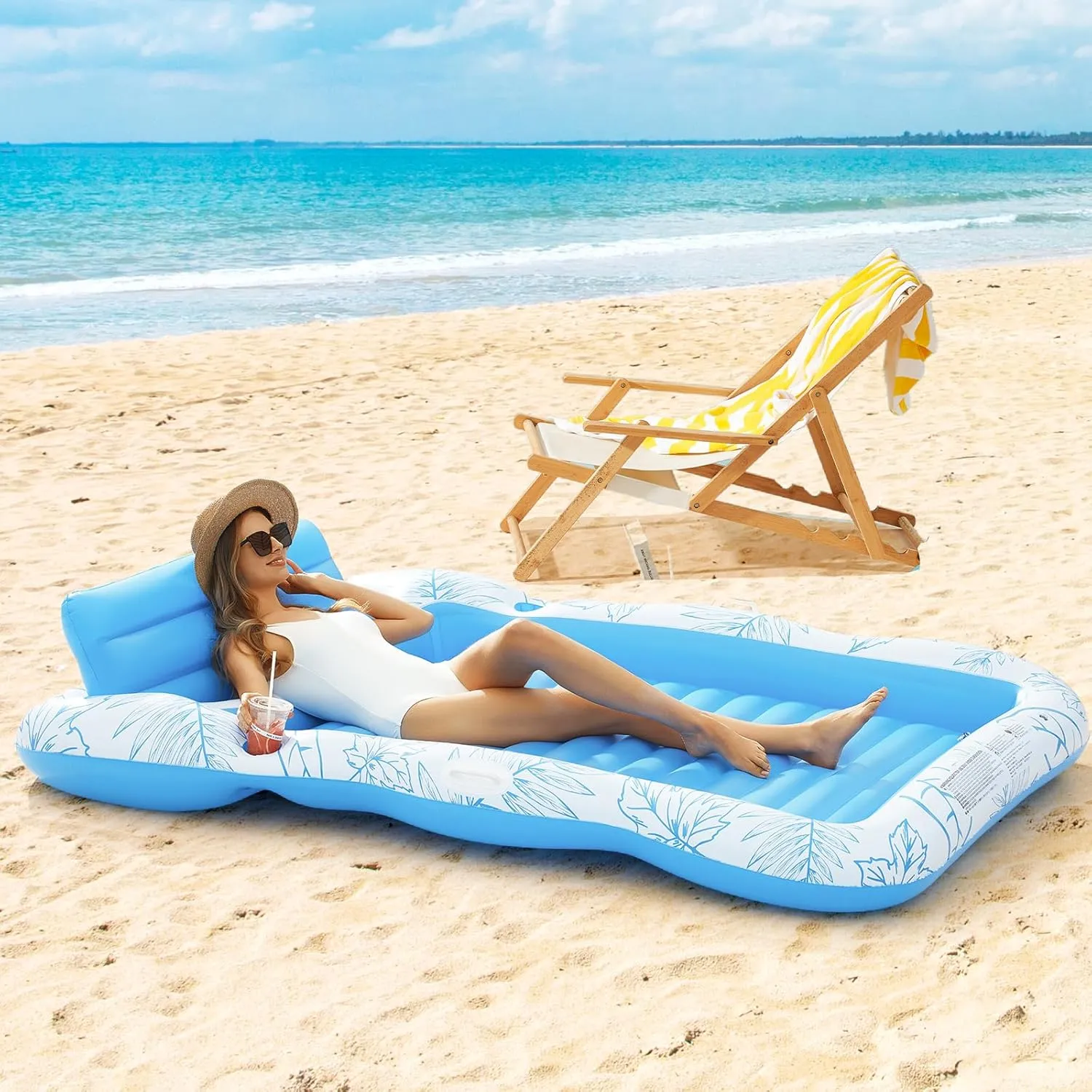 Inflatable Adult Pool Lounger Float - BAIAI Large Beach Sun Tanning Floaty Raft Sunbathing Water Lounge Floaties Tub with Drink Holder Blow Up River & Lake Suntan Floating Swimming Mattress Mat
