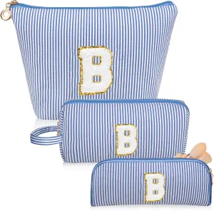 Initials Makeup Bag Set, Personalized Blue Cosmetic Bag, Cute Large Make up Bags, Travel Toiletry Bag for Women Girl Gifts B (Blue)