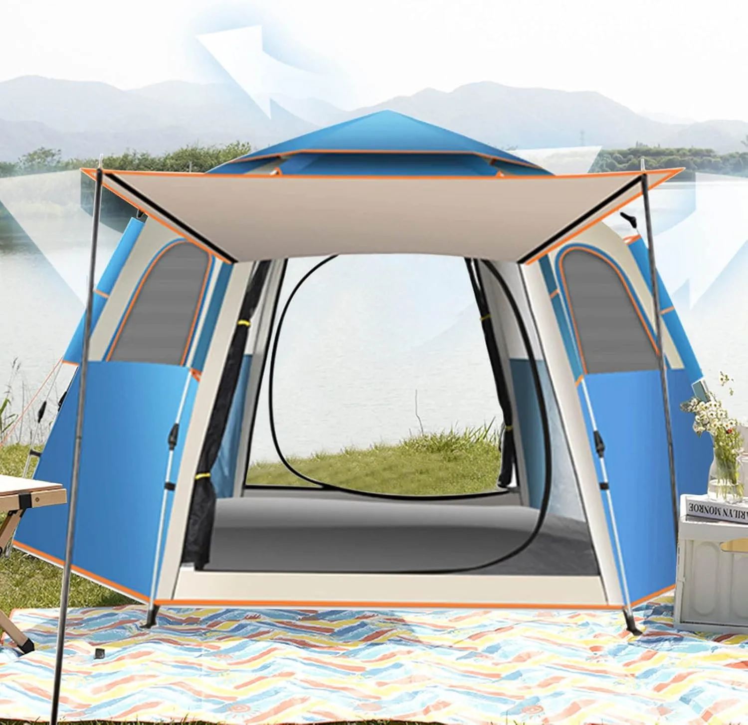 Instant Up Tents for Camping, Outdoor Easy Set Up Automatic Family Travel Tent, Waterproof Oxford Cloth Double Layer Family Tent for Hiking Traveling Backpacking
