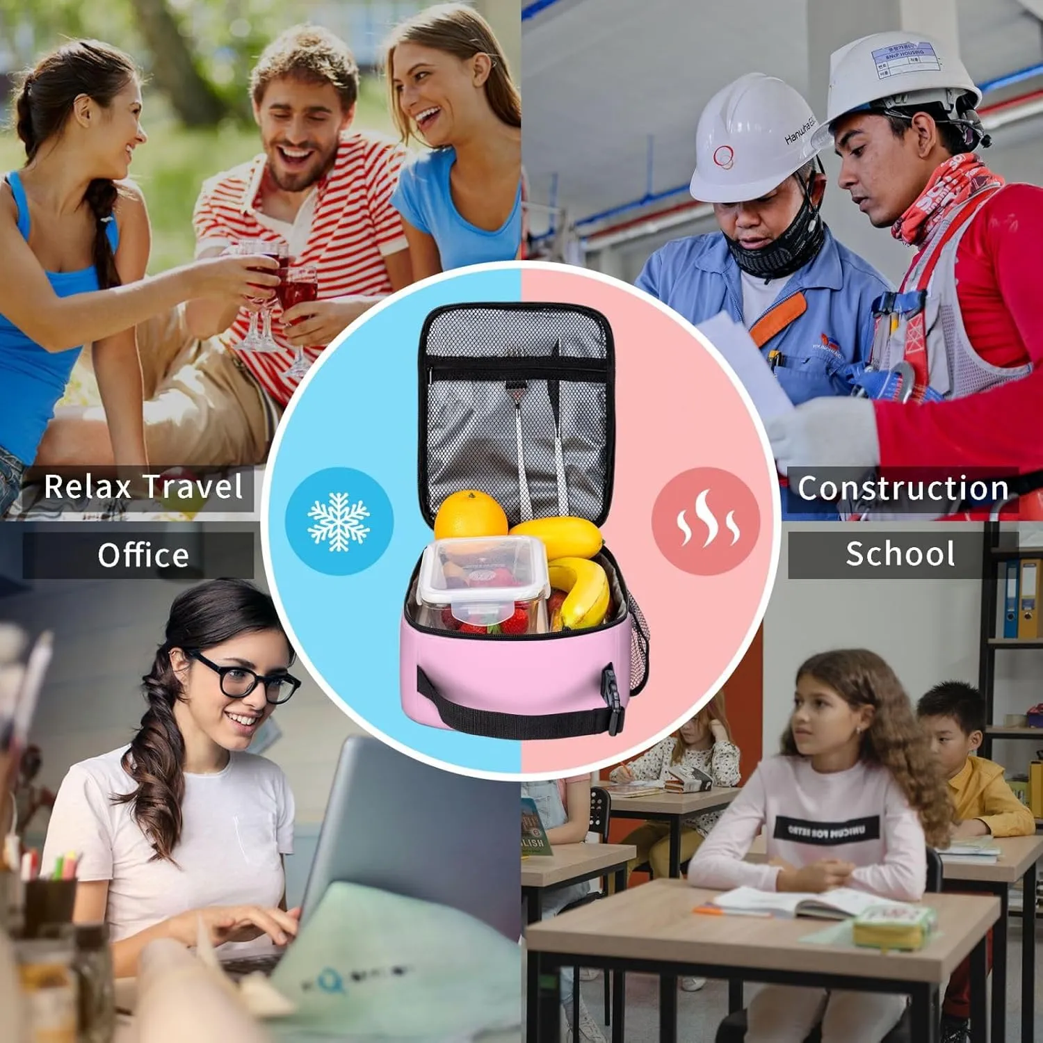 Insulated Light Pink Lunch Box for Women Men Cooler Tote Reusable Light Pink Lunch Bag Container for Work Hiking Travel Picnic