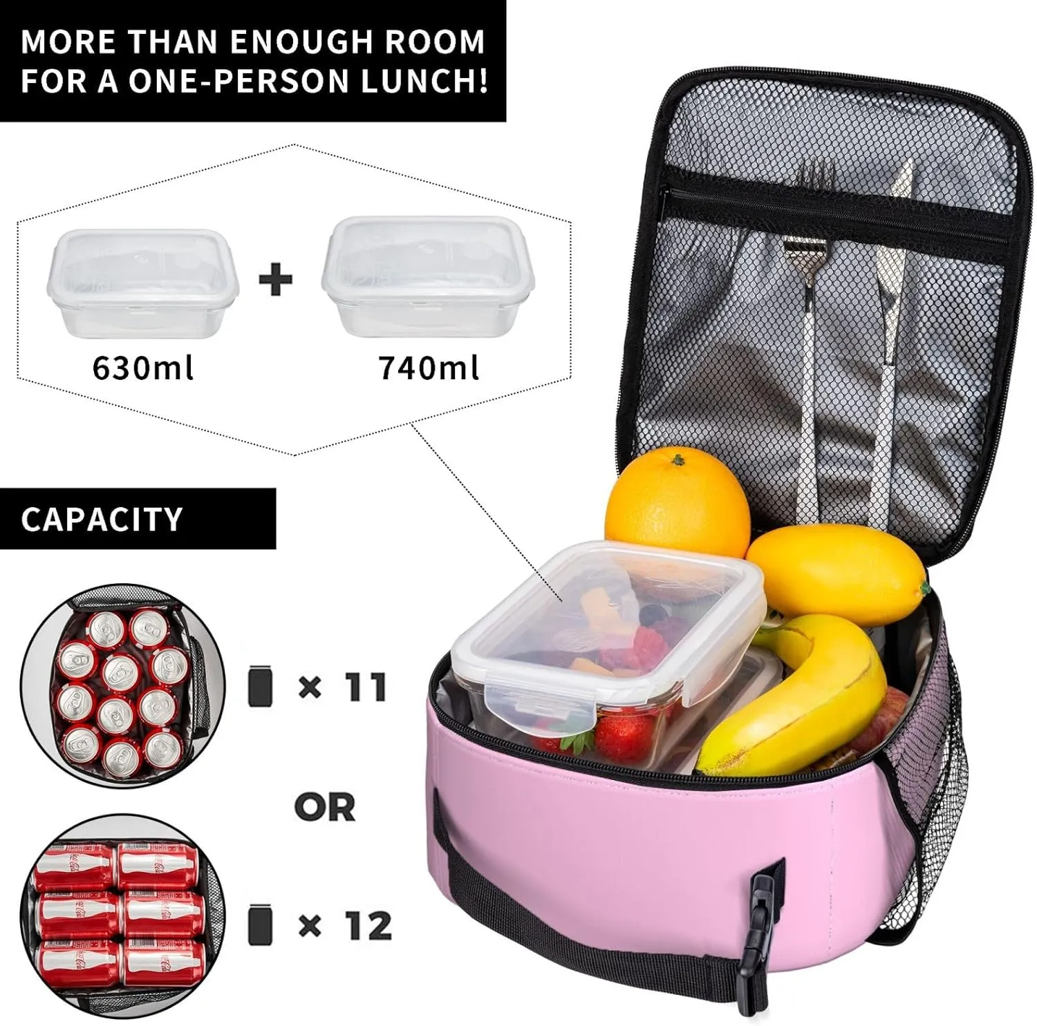 Insulated Light Pink Lunch Box for Women Men Cooler Tote Reusable Light Pink Lunch Bag Container for Work Hiking Travel Picnic