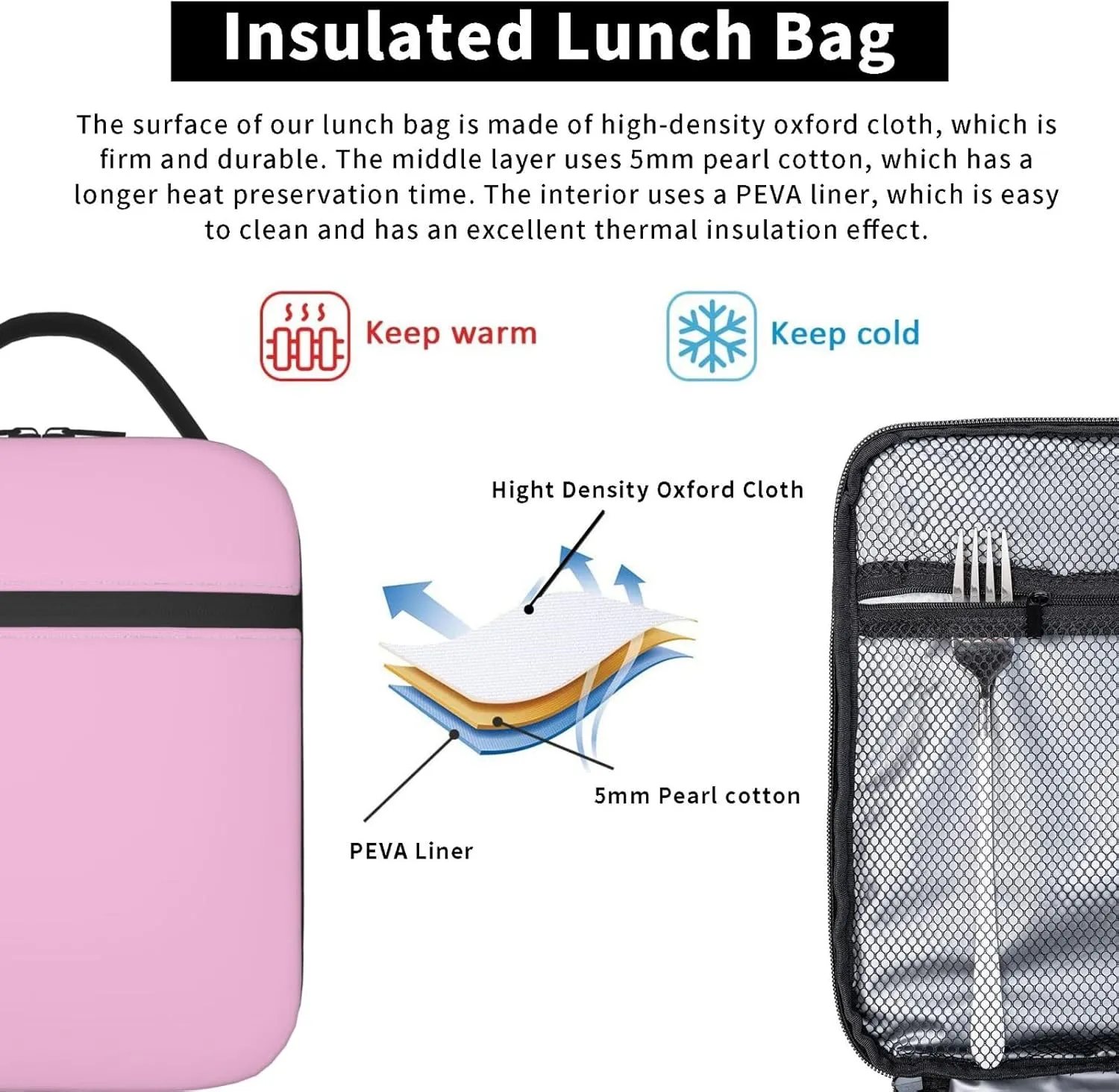 Insulated Light Pink Lunch Box for Women Men Cooler Tote Reusable Light Pink Lunch Bag Container for Work Hiking Travel Picnic