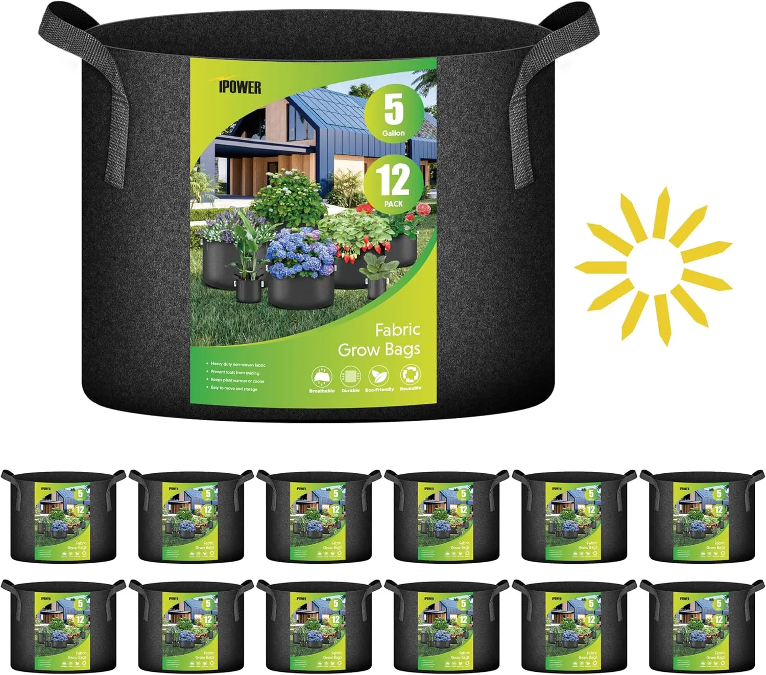 iPower 12-Pack 5 Gallon Grow Bags Heavy Duty Thickened Aeration Nonwoven Fabric Pots with Nylon Handles, for Planting Vegetables, Fruits, Flowers, Black