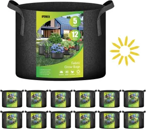 iPower 12-Pack 5 Gallon Grow Bags Heavy Duty Thickened Aeration Nonwoven Fabric Pots with Nylon Handles, for Planting Vegetables, Fruits, Flowers, Black