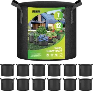 iPower 12-Pack 7 Gallon Grow Bags Heavy Duty Thickened Aeration Nonwoven Fabric Pots with Nylon Handles, for Planting Vegetables, Fruits, Flowers, Black