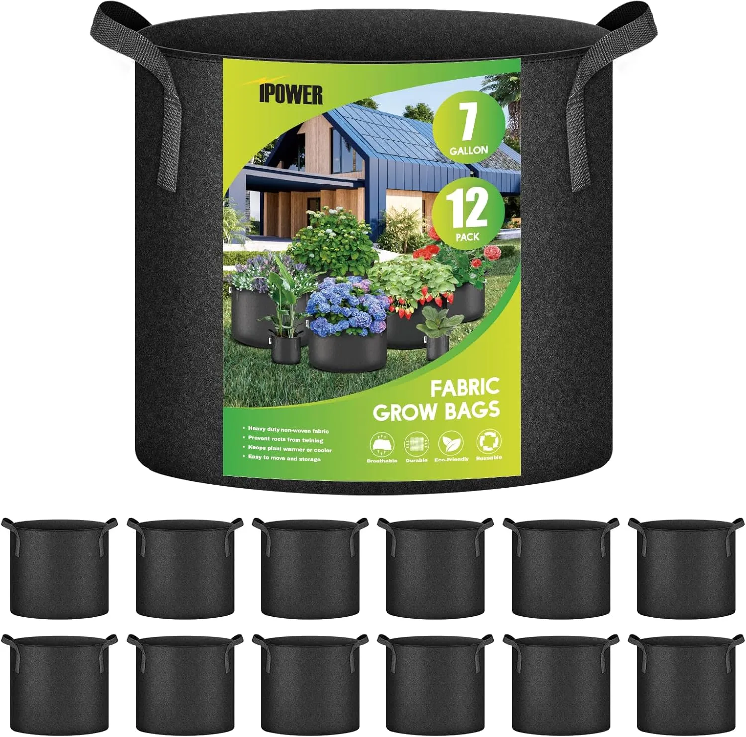 iPower 12-Pack 7 Gallon Grow Bags Heavy Duty Thickened Aeration Nonwoven Fabric Pots with Nylon Handles, for Planting Vegetables, Fruits, Flowers, Black