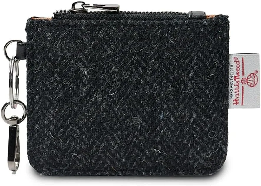 Islander The Card Zip Wallet Microfibre Leather and Harris Tweed (Black Herringbone)