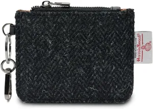 Islander The Card Zip Wallet Microfibre Leather and Harris Tweed (Black Herringbone)