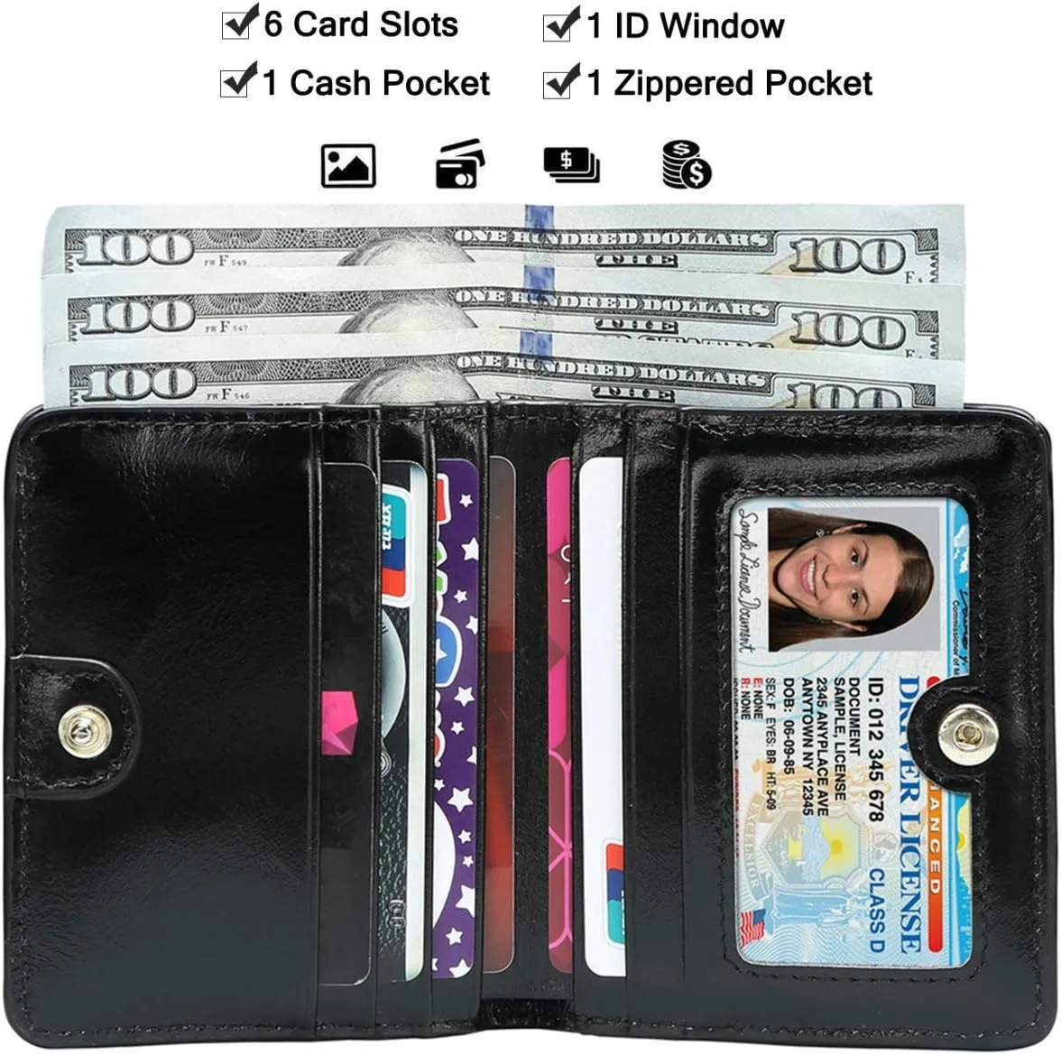 Itslife Women's Rfid Blocking Small Compact Bifold Leather Pocket Wallet Ladies Mini Purse with id Window (Waxed Black)