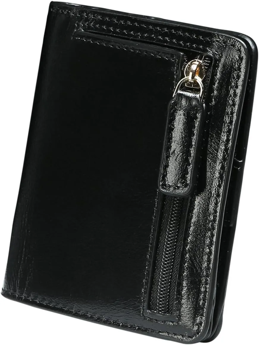 Itslife Women's Rfid Blocking Small Compact Bifold Leather Pocket Wallet Ladies Mini Purse with id Window (Waxed Black)