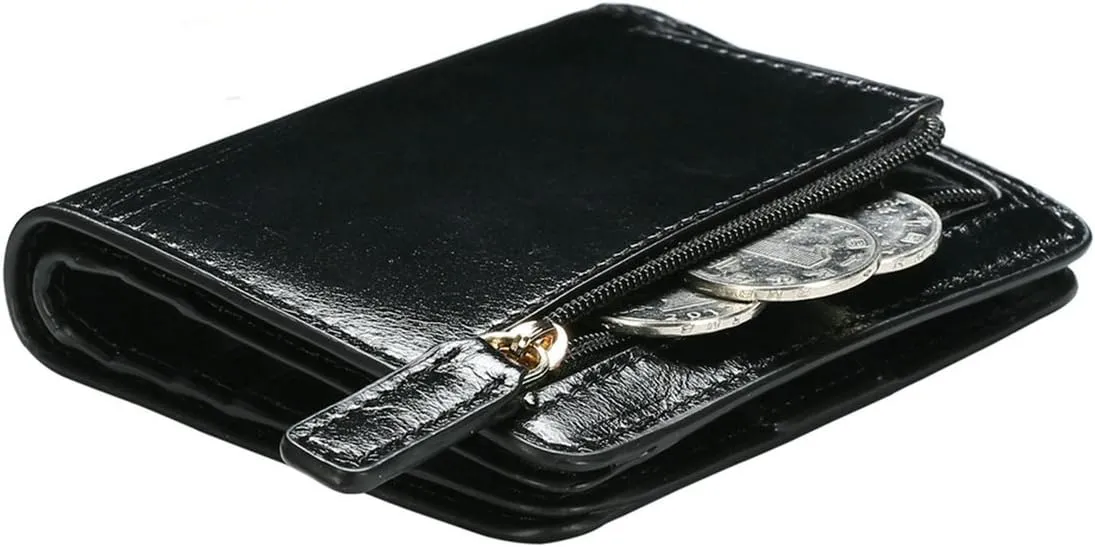 Itslife Women's Rfid Blocking Small Compact Bifold Leather Pocket Wallet Ladies Mini Purse with id Window (Waxed Black)