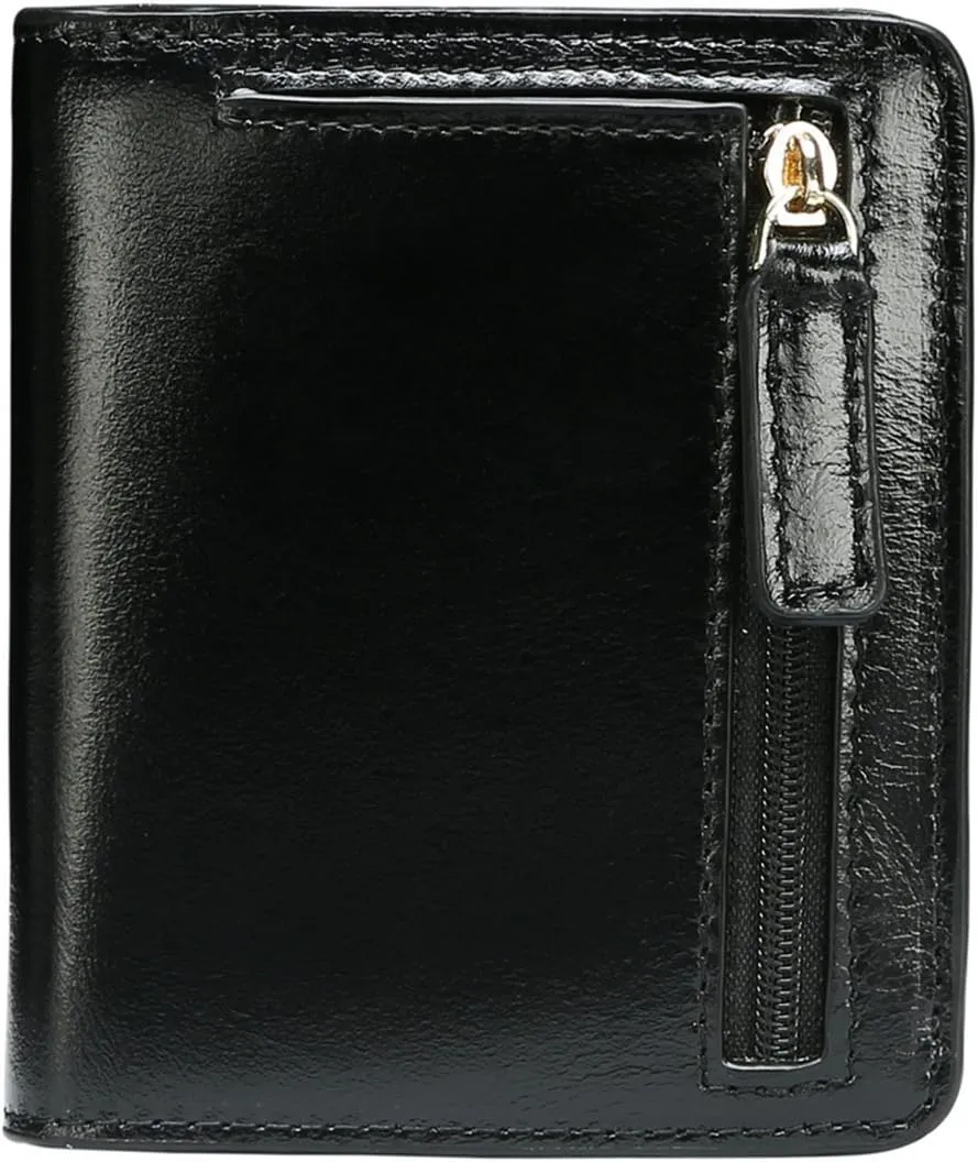 Itslife Women's Rfid Blocking Small Compact Bifold Leather Pocket Wallet Ladies Mini Purse with id Window (Waxed Black)
