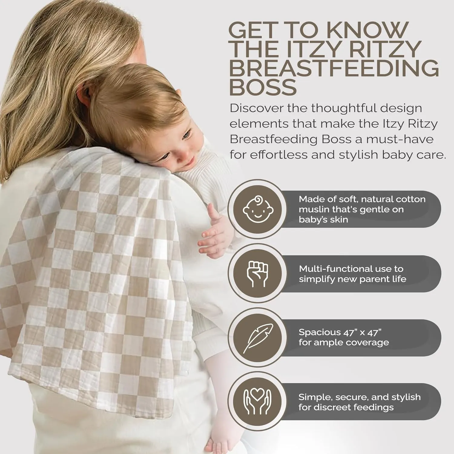 Itzy Ritzy Breastfeeding Boss Multi-Use Cover – A Nursing Cover, Swaddle, Car Seat Cover, Tummy Time Mat & Burp Cloth All in One – Made of Soft Muslin Fabric & Measures 47” x 47” (Checkerboard)