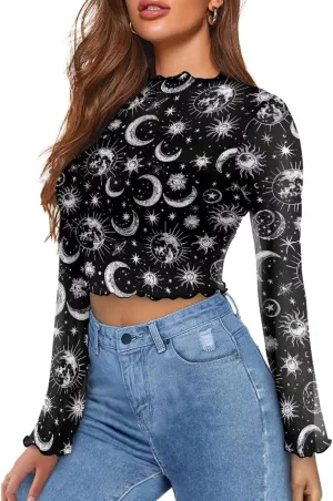 Jndtueit 70s Womens Bell Sleeve Top Floral Tops for Women Mock Neck Flare Tops Sheer Mesh Long Sleeve Top Ruffle Shirts