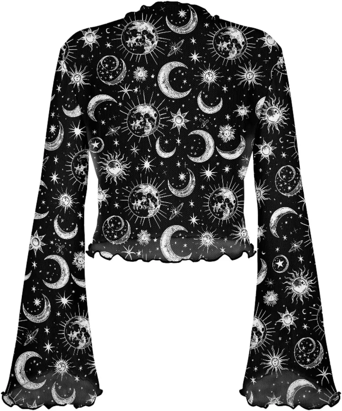 Jndtueit 70s Womens Bell Sleeve Top Floral Tops for Women Mock Neck Flare Tops Sheer Mesh Long Sleeve Top Ruffle Shirts