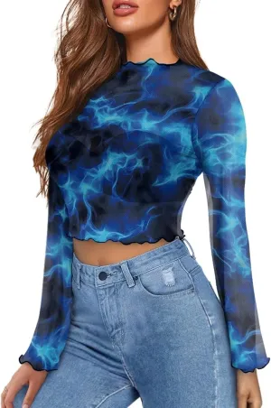 Jndtueit 70s Womens Bell Sleeve Top Floral Tops for Women Mock Neck Flare Tops Sheer Mesh Long Sleeve Top Ruffle Shirts