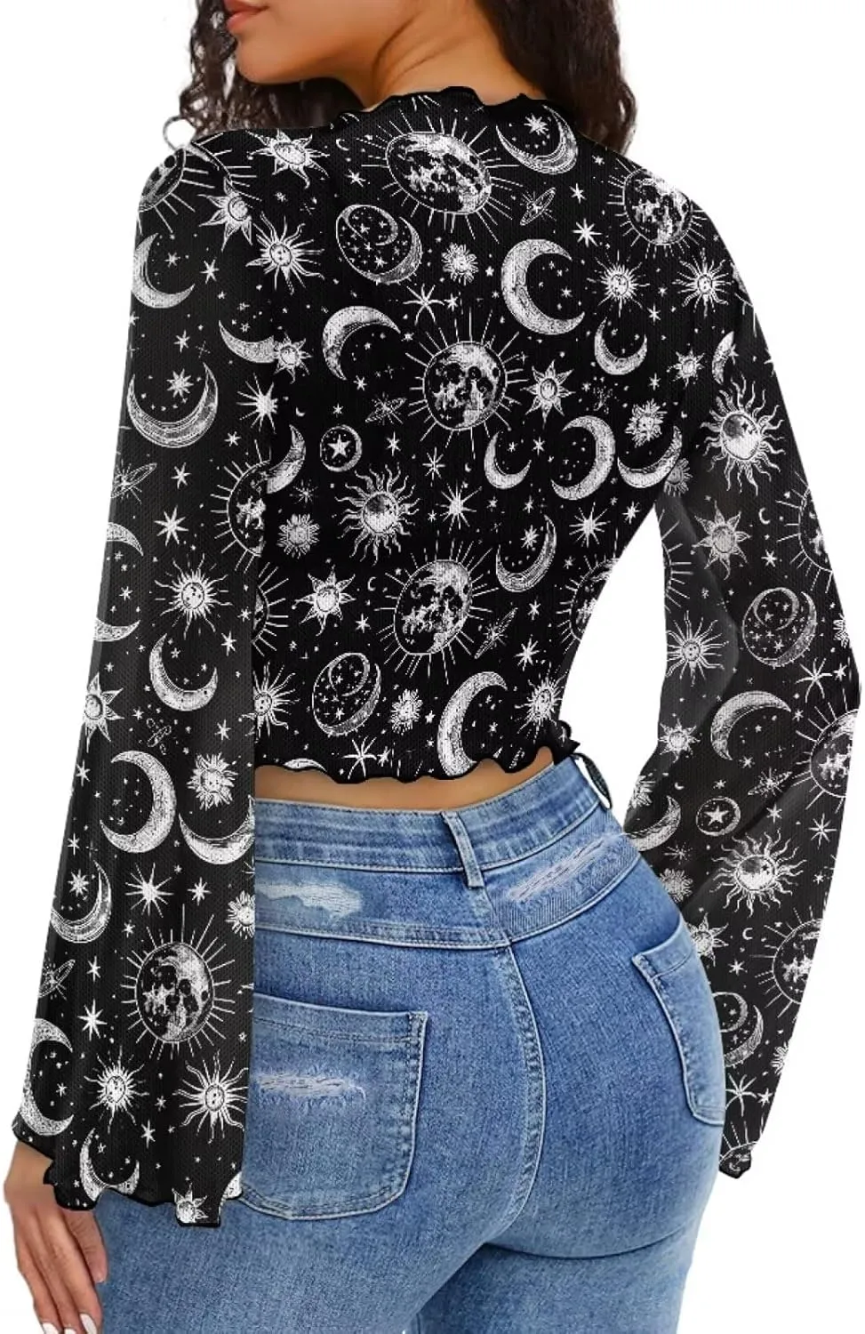 Jndtueit 70s Womens Bell Sleeve Top Floral Tops for Women Mock Neck Flare Tops Sheer Mesh Long Sleeve Top Ruffle Shirts