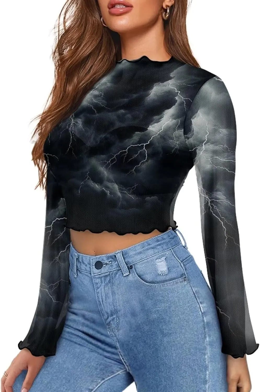Jndtueit 70s Womens Bell Sleeve Top Floral Tops for Women Mock Neck Flare Tops Sheer Mesh Long Sleeve Top Ruffle Shirts