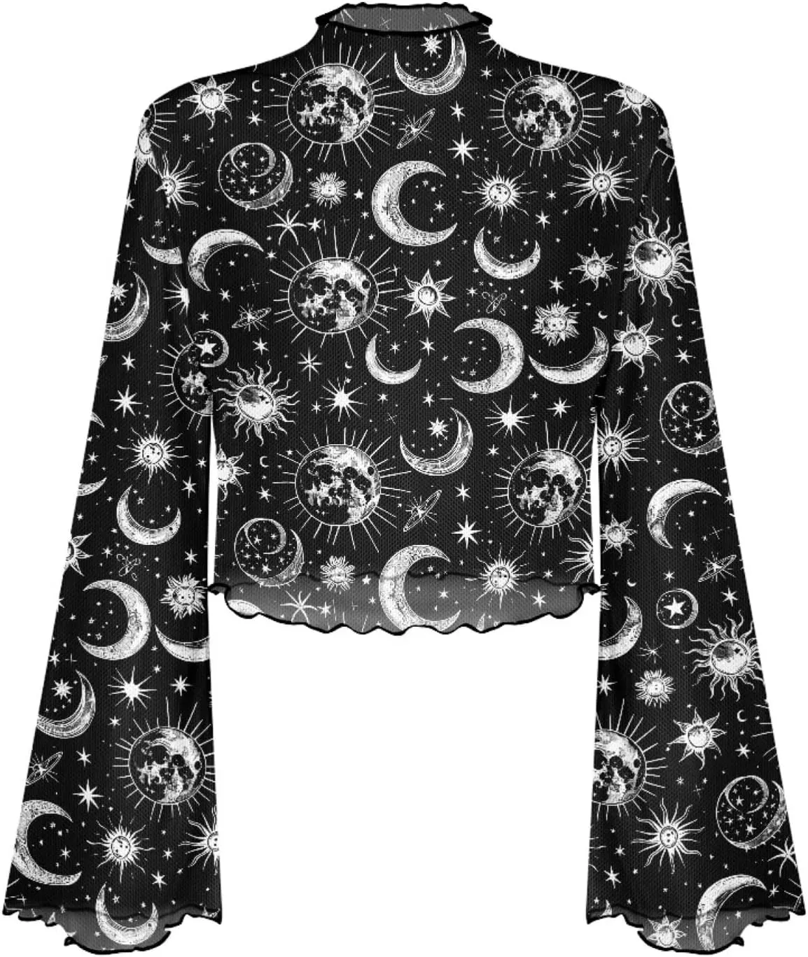 Jndtueit 70s Womens Bell Sleeve Top Floral Tops for Women Mock Neck Flare Tops Sheer Mesh Long Sleeve Top Ruffle Shirts